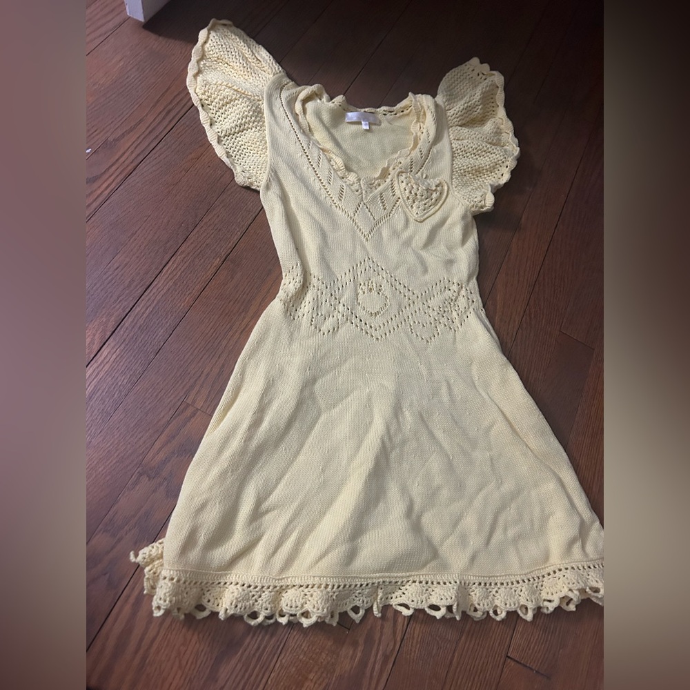 Buttercup Yellow Knit Crochet Trim Women’s Dress - Picture 2 of 6